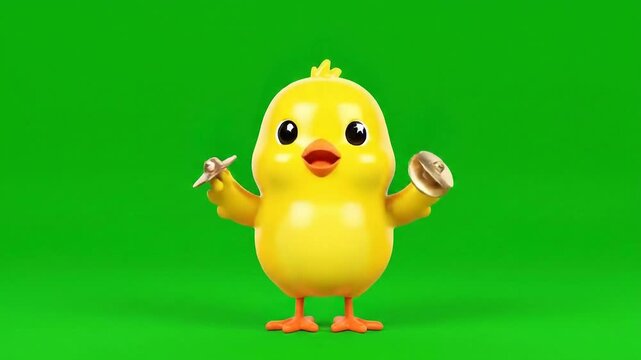 A Cheerful Yellow Chick Character Joyfully Plays Finger Cymbals Against a Vibrant Green Screen Background Symbolizing Fun and Celebration