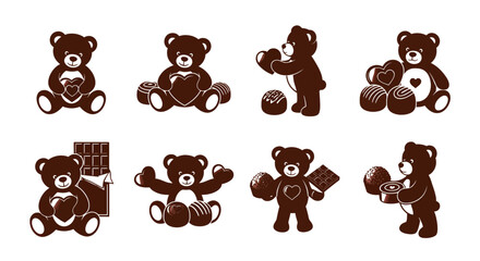 Fototapeta premium A collection of charming brown teddy bears in various poses with hearts and gift elements high quality professional detailed