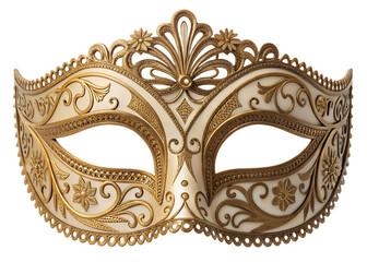 Gold venetian carnival mask, ornate design, decorative art, theatrical prop, party accessory, transparent background