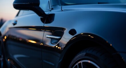 Fototapeta premium Sleek Black Car Exterior Side View Mirror and Door Handle Details.