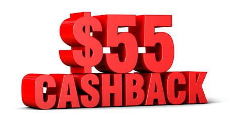 Bold red 3d $55 cashback text isolated on transparent background. 3d illustration.