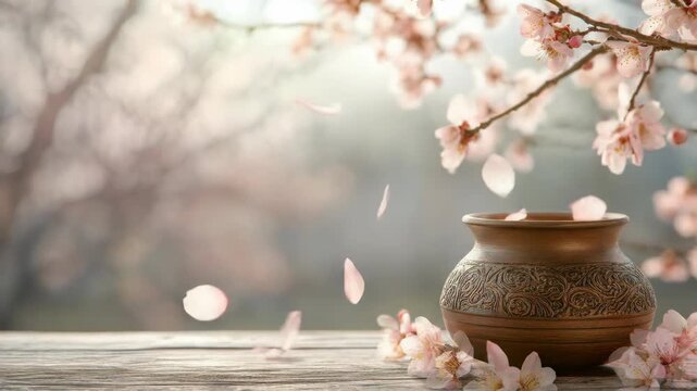 Nowruz, Navruz celebration, Persian New Year festival, Vernal Equinox, International Nowruz Day, blooming tree branches, gentle falling pink petals, cultural heritage, seasonal awakening