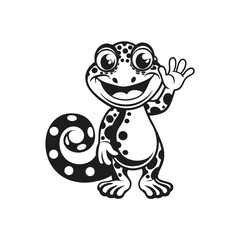 Obraz premium Cheerful Cartoon Gecko Standing Upright and Waving Hand in Black and White Design