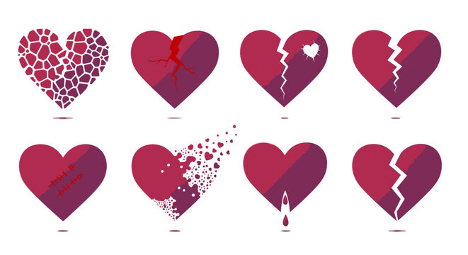 A series of stylized red hearts depicting various stages of breaking cracking and fragmentation high quality professional detailed modern