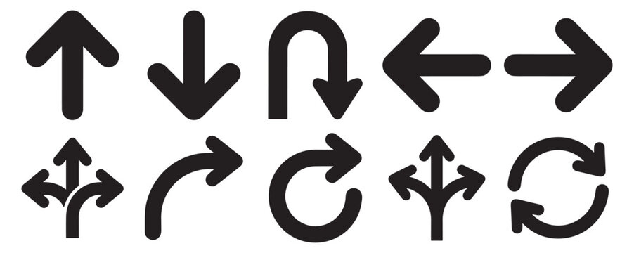 Directional arrow icons with turn, rotate and navigation symbols vector set on transparent background
