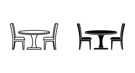Restaurant Dining Table and Chairs Icon Set: Outline and Solid Black Flat Vector Design for Cafes, Eateries, and Seating Layouts