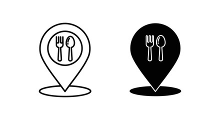 Restaurant Location Pin Icon Set: Outline and Solid Black Flat Vector Design for Food Maps, GPS Navigation, and Dining Spots