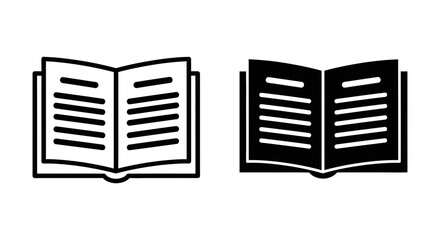 Open Book Reading Icon Set: Outline and Solid Black Flat Vector Design for Education, Learning, Library, and Literature Concepts