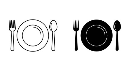 Elegant Place Setting Icon with Plate, Fork, and Spoon, Ideal for Restaurant, Dining, and Catering Services.