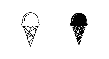 Classic Ice Cream Cone Icon in a Square Frame, Showing Both Outline and Solid Black and White Vector Options for Sweet Treats
