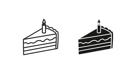 Elegant Birthday Cake Slice Icon with Lit Candle, Perfect for Celebration and Dessert-themed Designs.
