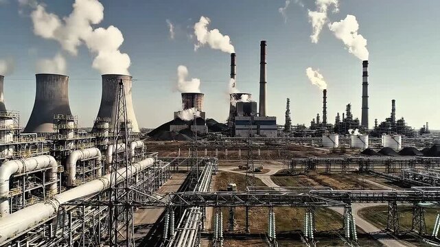 Industrial factory complex with smokestacks and cooling towers emitting smoke and steam.