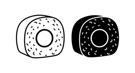 Delicious Sushi Roll Icon Set: Outline and Solid Black Flat Vector Design for Japanese Restaurant Menus or Food Delivery Apps