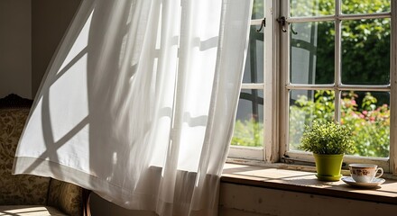 Sunlit Window with Flowing Curtain and Peaceful Morning Scene.