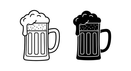 Frothy Beer Mug Icon Set: Outline and Solid Black Flat Vector Design for Pub, Bar, Oktoberfest or Beverage-Related Graphics