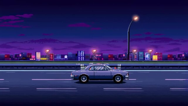 Retro pixel art car driving on a city highway at night. Nostalgic gaming aesthetic evoking a sense of adventure and exploration