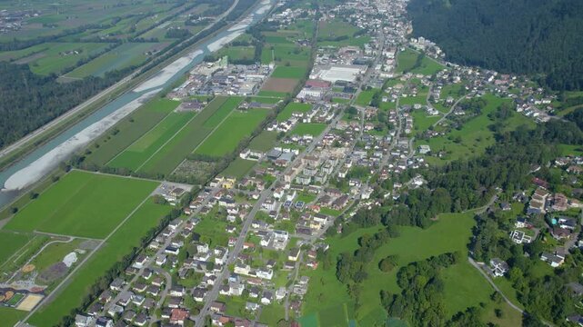 An  aerial panorama view of the old town city Triesenberg in Liechtenstein on a sunny noon in summer