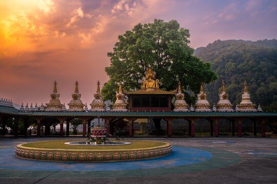 Morning time inside Tibetan monastery with magical sunrise atmosphere near Pokhara, Nepal.