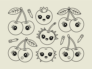 Cute kawaii fruit characters, including cherries and a blueberry, with happy expressions and quirky details.