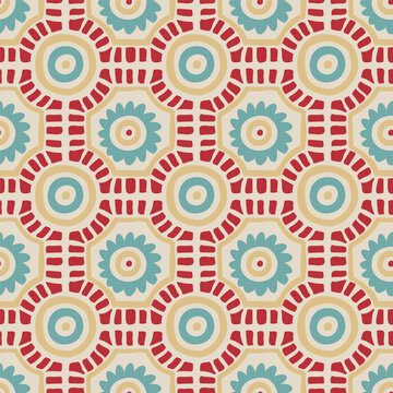 Seamless geometric floral pattern. Hand-drawn circular and hexagon shapes in warm retro colors. Folk inspired tile design with symmetry and rhythm. Vector illustration.