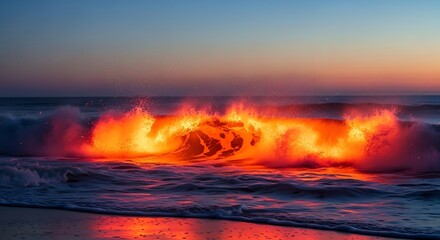 Ocean wave crest illuminated with intense fiery orange and red light at twilight
