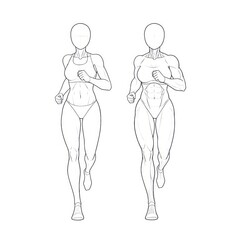 Two female figures running side by side