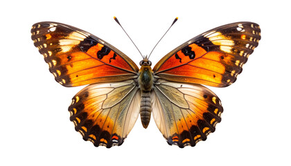 Fototapeta premium Stunning orange and black butterfly with intricately patterned wings, viewed from above. Macro photography of a beautiful lepidopteran insect isolated on a transparent background for easy use.