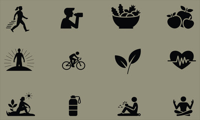 Black and white icons for active lifestyle, healthy food, and relaxation