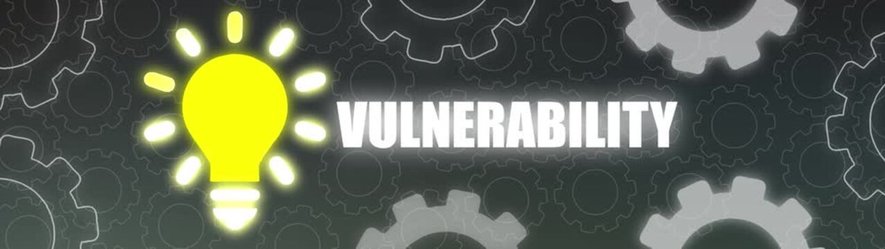 Illuminated yellow light bulb with bright light and the word VULNERABILITY over a gear pattern