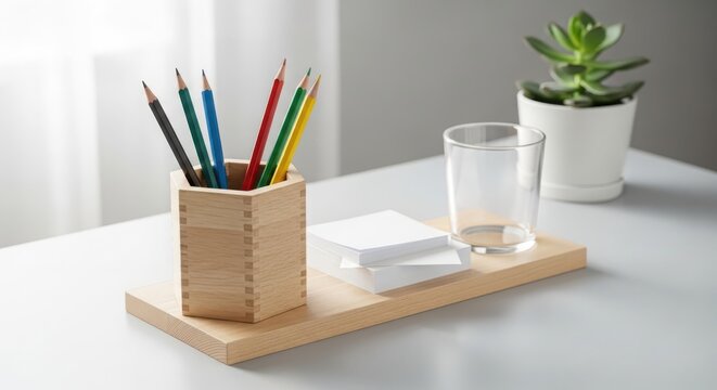 Organized desk setup featuring stationery and a small glass of water