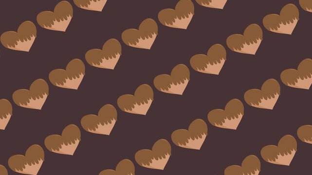 Seamless pattern with chocolate-dipped heart cookies on dark brown background animation. Romantic dessert wallpaper with a repeating chocolate-covered heart symbol. Valentine's Day celebration banner.