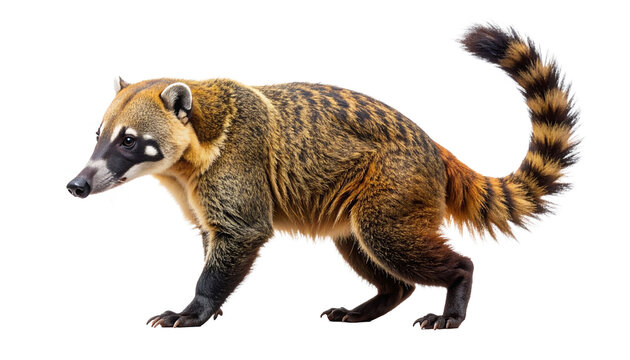 Full-length portrait of a South American Coati, Nasua nasua, walking in side view. This wild ring-tailed mammal from the raccoon family is isolated, with a transparent background. Realistic animal.