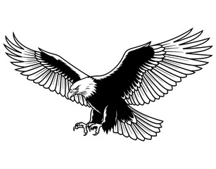 Naklejka premium Majestic bald eagle in mid-flight with outstretched wings and sharp talons