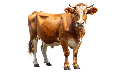 A full-body portrait of a beautiful brown and white dairy cow with horns, standing and looking at the camera. Isolated livestock animal with a transparent background for easy compositing.