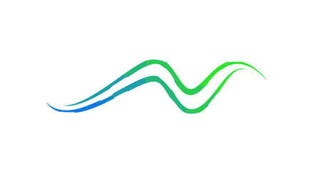 Abstract dynamic green and blue gradient wavy line flowing across, vibrant and fluid design, isolated white background.