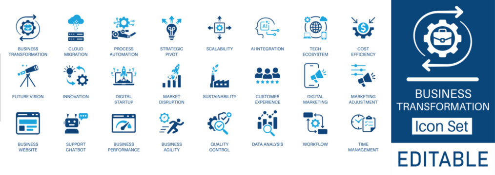 Business Transformation and Digital Strategy solid icon set. Includes symbols for AI Integration, Cloud Migration, Process Automation, and Business Agility. Solid vector icons.