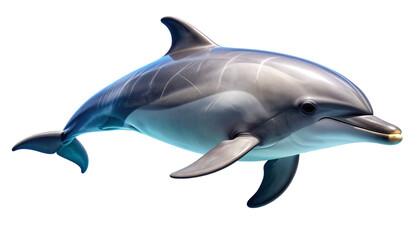 Obraz premium A lifelike, full-body illustration of a friendly swimming bottlenose dolphin. This marine mammal is depicted in a dynamic pose, isolated on a clean, transparent background for creative projects.