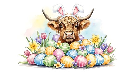 Highland Cow with Bunny Ears and Easter Eggs in Watercolor Style