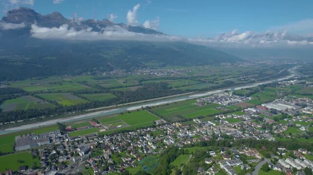 An  aerial panorama view of the old town city Triesenberg in Liechtenstein on a sunny noon in summer