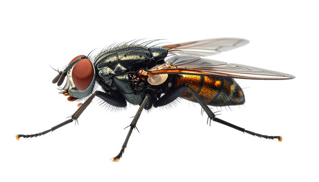 Hyper-realistic macro illustration of a common housefly insect showing its compound eyes, hairy body, and wings. Pest animal isolated on a transparent background for easy compositing.
