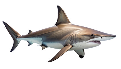 Obraz premium Realistic 3D rendering of a large requiem shark swimming. This dangerous marine predator is shown in a full-body side view, isolated on a clean, transparent background for easy compositing.