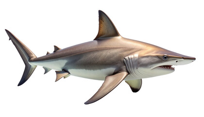 Obraz premium Full body view of a realistic requiem shark, a dangerous marine predator swimming. Aquatic wildlife animal isolated on a transparent background, perfect for educational or creative projects.