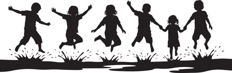 Silhouette of happy family jumping together in grass