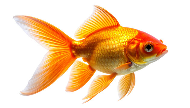 A beautiful single goldfish (Carassius auratus) swimming gracefully. This vibrant orange and gold freshwater pet fish is isolated on a clean transparent background, perfect for various designs.