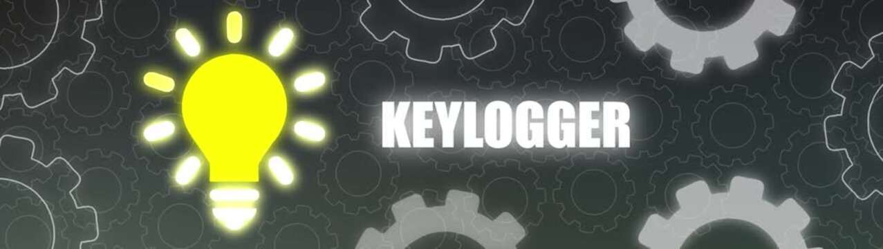 Glowing yellow light bulb with radiating light next to the word KEYLOGER against a background of interlocking gears