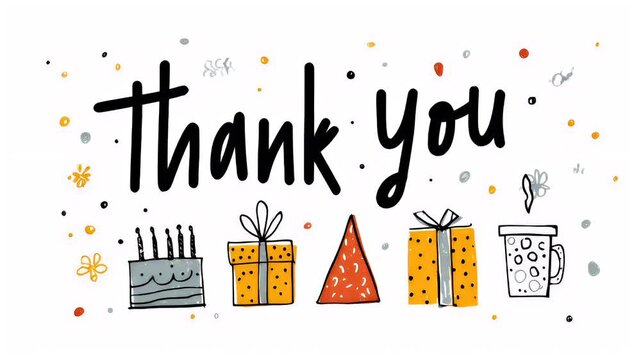 Birthday celebration theme for party event. A vibrant, handdrawn thank you card with the words Thank You surrounded by presents and a cup, set against a white background.
