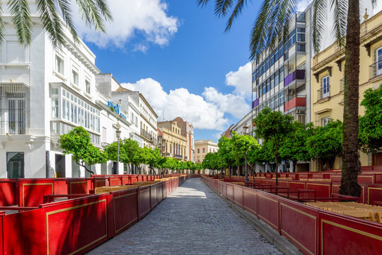 Jerez de la Frontera, Spain - March 29, 2024: Holy Week Preparations and Traditional Seating in Jerez de la Frontera Andalusia Spain during Semana Santa