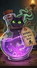 Mischievous black feline figure peers out from inside a glowing purple liquid held within a glass potion bottle