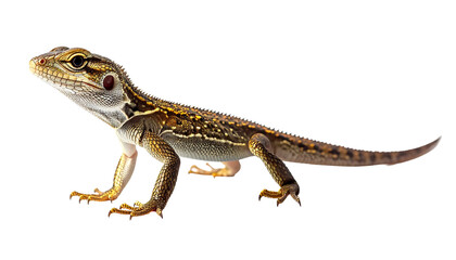 Fototapeta premium Detailed full-body studio shot of a brown and yellow scaly lizard, a common reptile species. Realistic wildlife photography cutout for zoology or nature projects, on a transparent background.