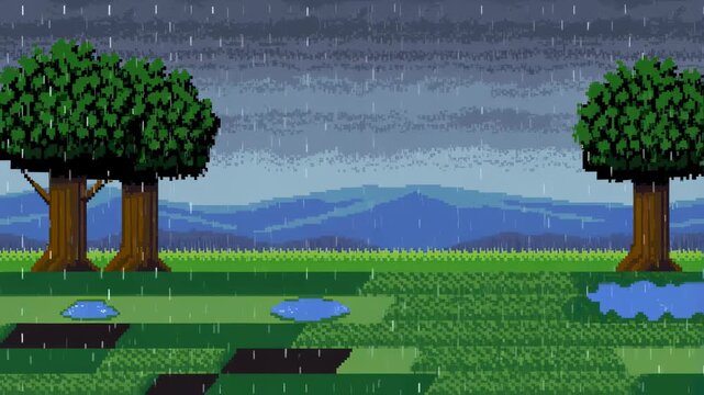 Pixelated landscape with rain falling on trees and puddles. Evokes a nostalgic gaming atmosphere and the beauty of nature in a retro style